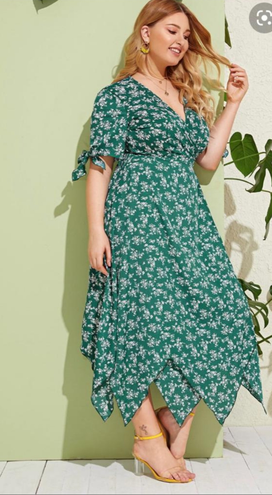 Green Floral Print Wrap Around Front Slit Dress